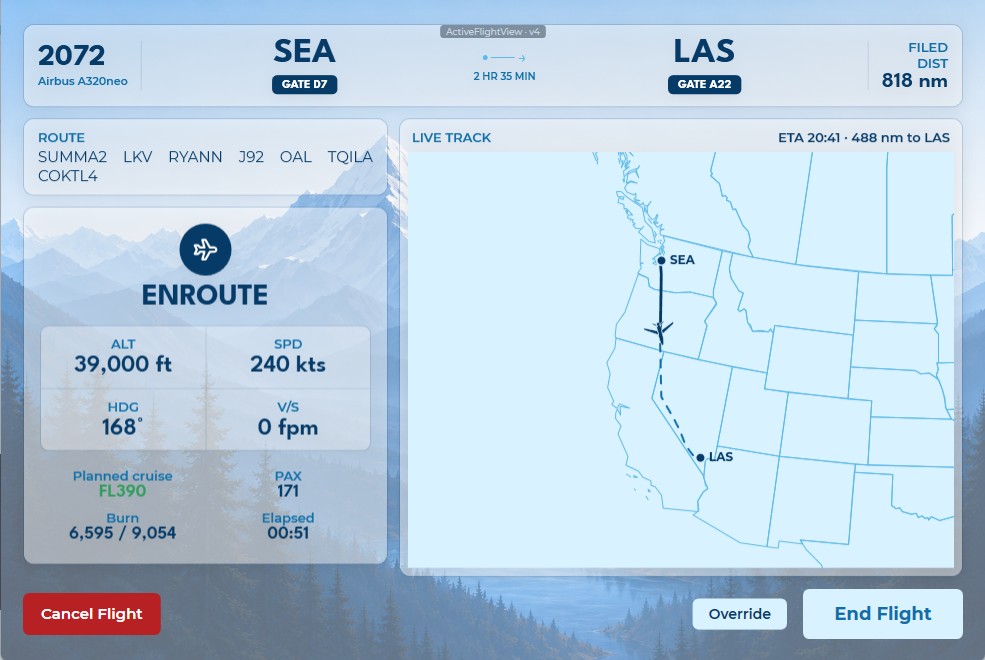 Cascade Virtual live tracker example showing CXV 2072 from SEA to LAS